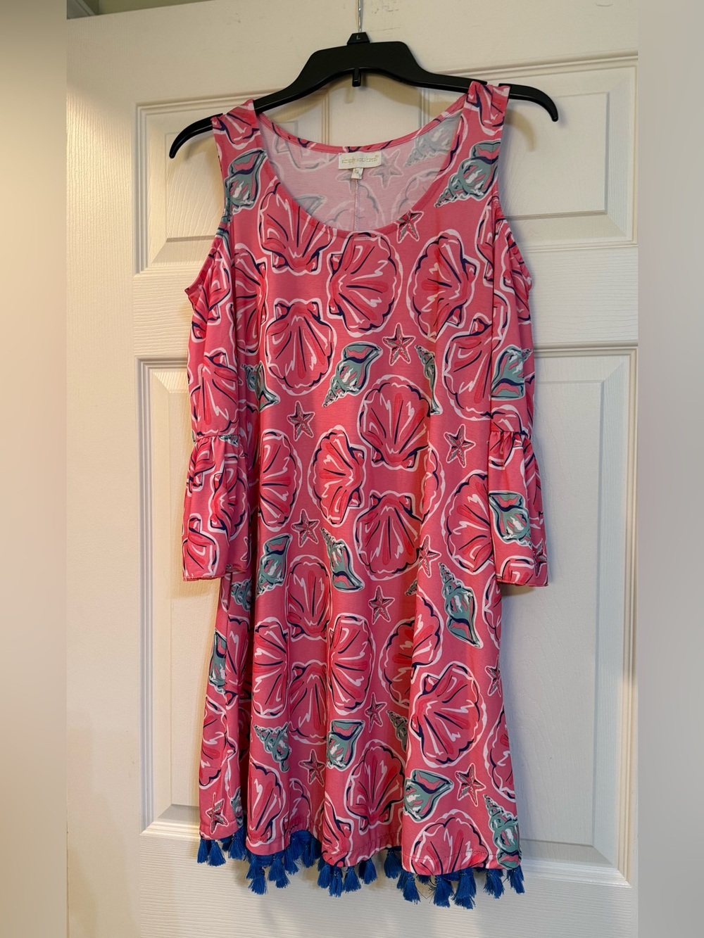 Simply Southern Pink Seashell & Starfish Print Dress with tassel trim